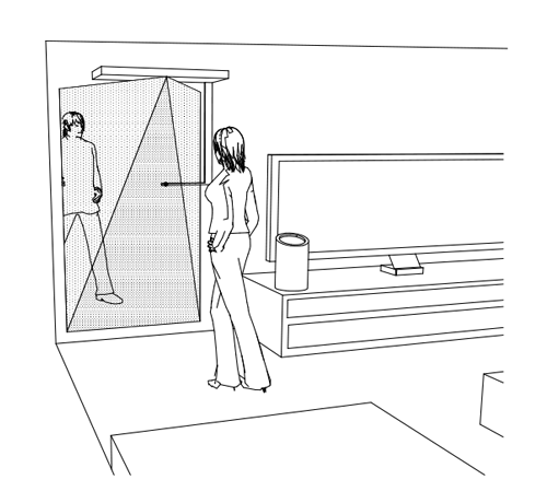 Line drawing of a person walking past a tall screen mounted on a living room wall. The screen shows a friend walking past their own screen.